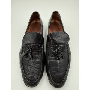French Shriner Mens 8 M Black Leather Tassel Loafers Sharkskin Texture Vintage